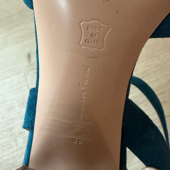 Gianvito Rossi Frida Suede block heeled Sandals ankle strap teal Italy size 38 - Picture 11 of 13